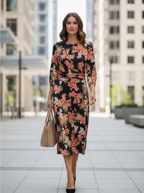 Elegant Black Midi Dress with Coral Floral Print